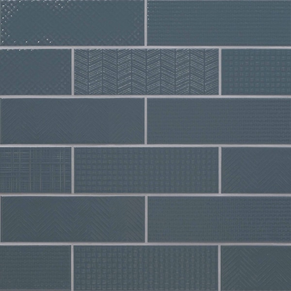 Urbano Navy 3D Mix 4 In. X 12 In. Glossy Ceramic White Textured Subway Tile, 30PK